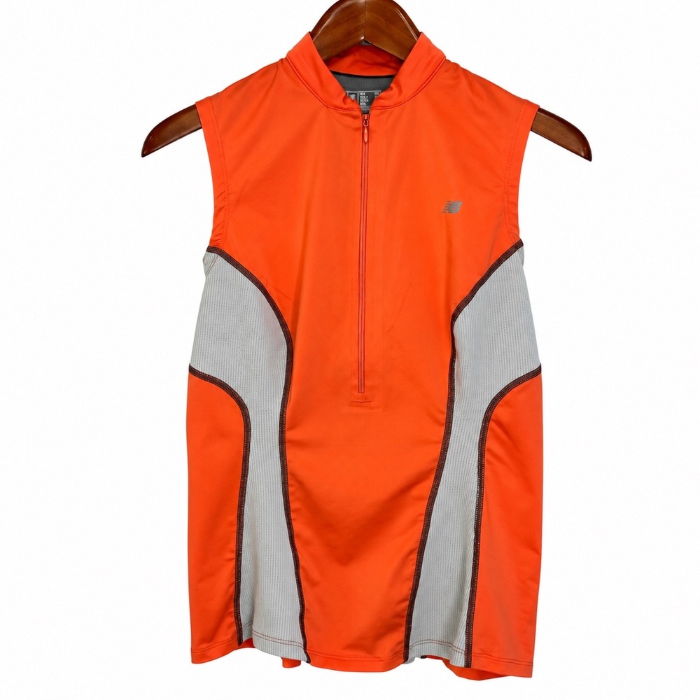 New Balance Womens Cycling Jersey Orange Grey Quarter Zip Sleeveless WRT8124 S
